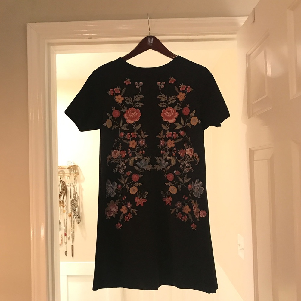 Black Zara dress with embroidered floral design